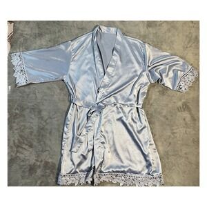 Women's Grey Satin Kimono Robe Lace‎ Trim Belted Size M/L